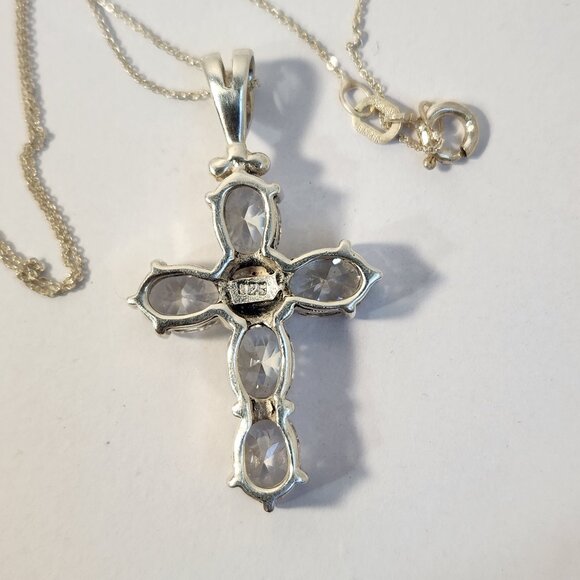 Vintage 80's 925 Cross White Zircon / CZ  with 925 Italy Chain 16.5" - Picture 8 of 11